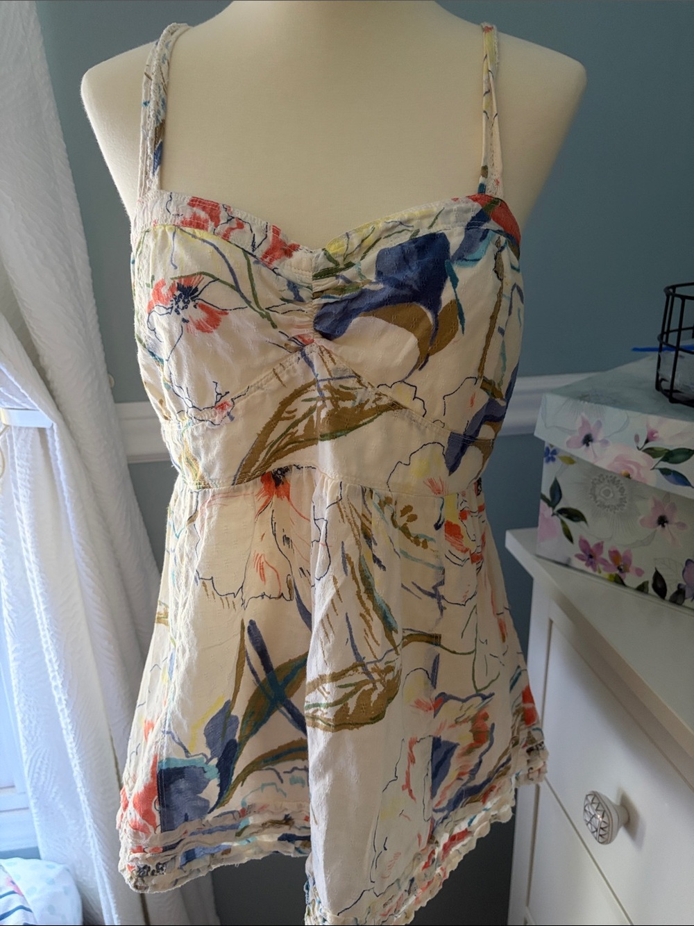 Floral Print Spaghetti Strap Tank Dress - White with Blue & Olive